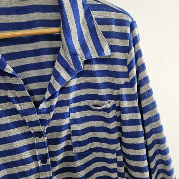 Bongo Women's Plus Stripe Nautical Coastal Roll Tab Button Up Shirt Top - Picture 5 of 13
